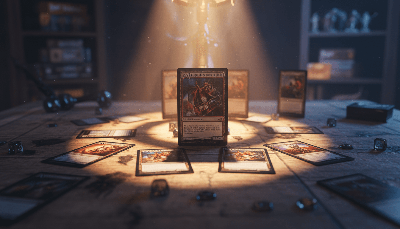 Magic: The Gathering proxy cards arranged on a gaming table with dramatic lighting and gaming atmosphere