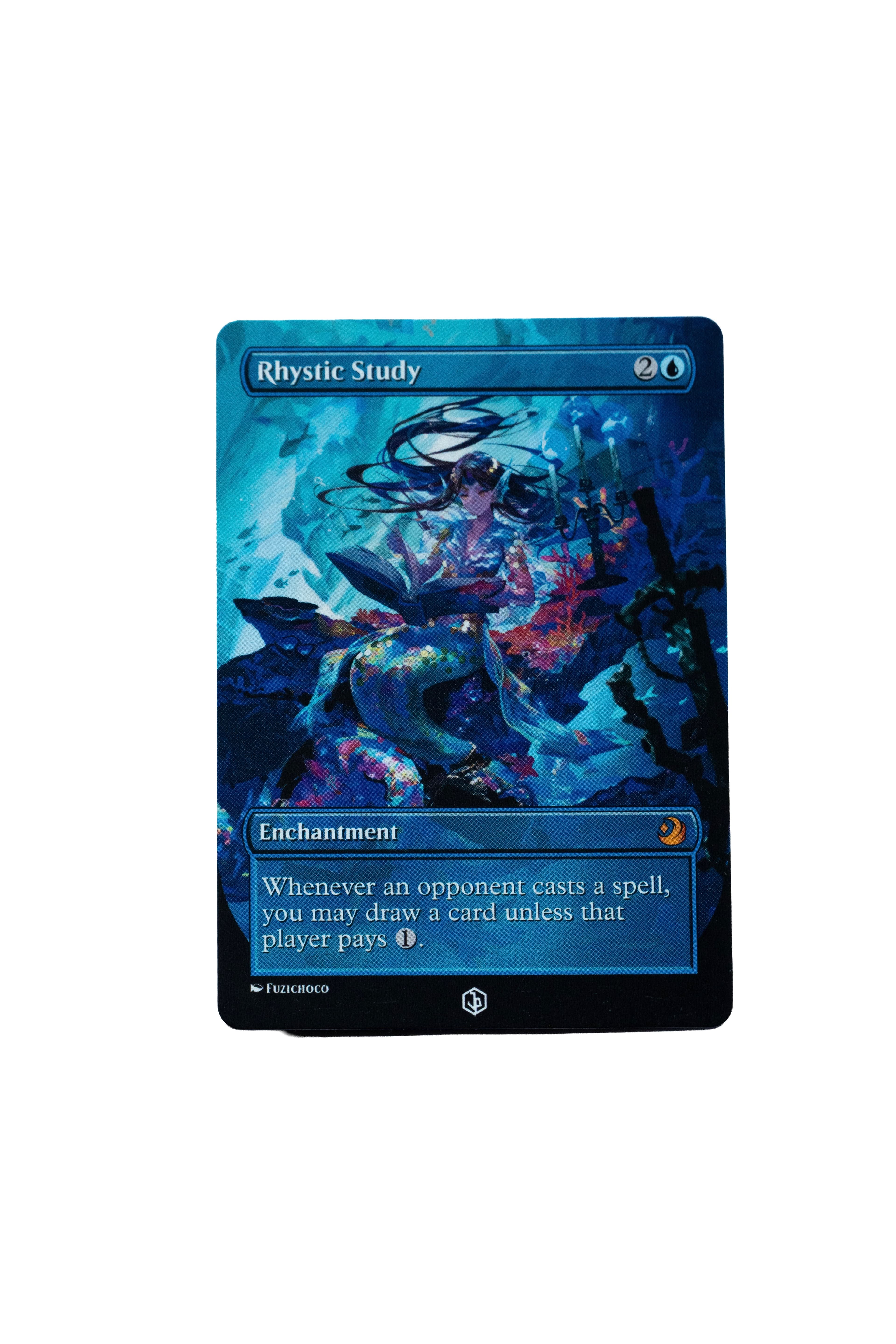 Rhystic Study Magic card featuring anime art of a mermaid reading a book underwater.