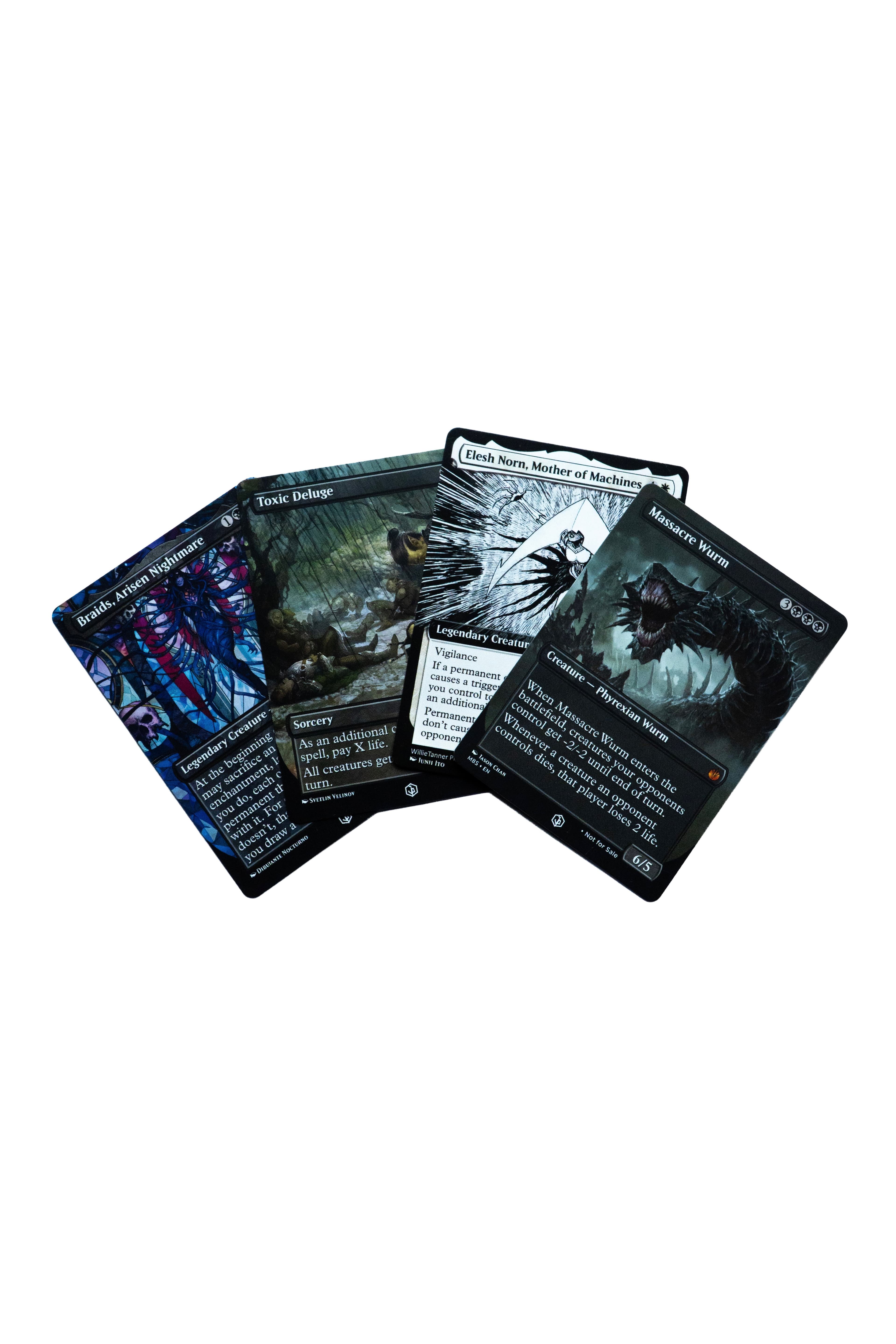 Four Magic: The Gathering cards with dark, detailed illustrations fanned out against a white background.