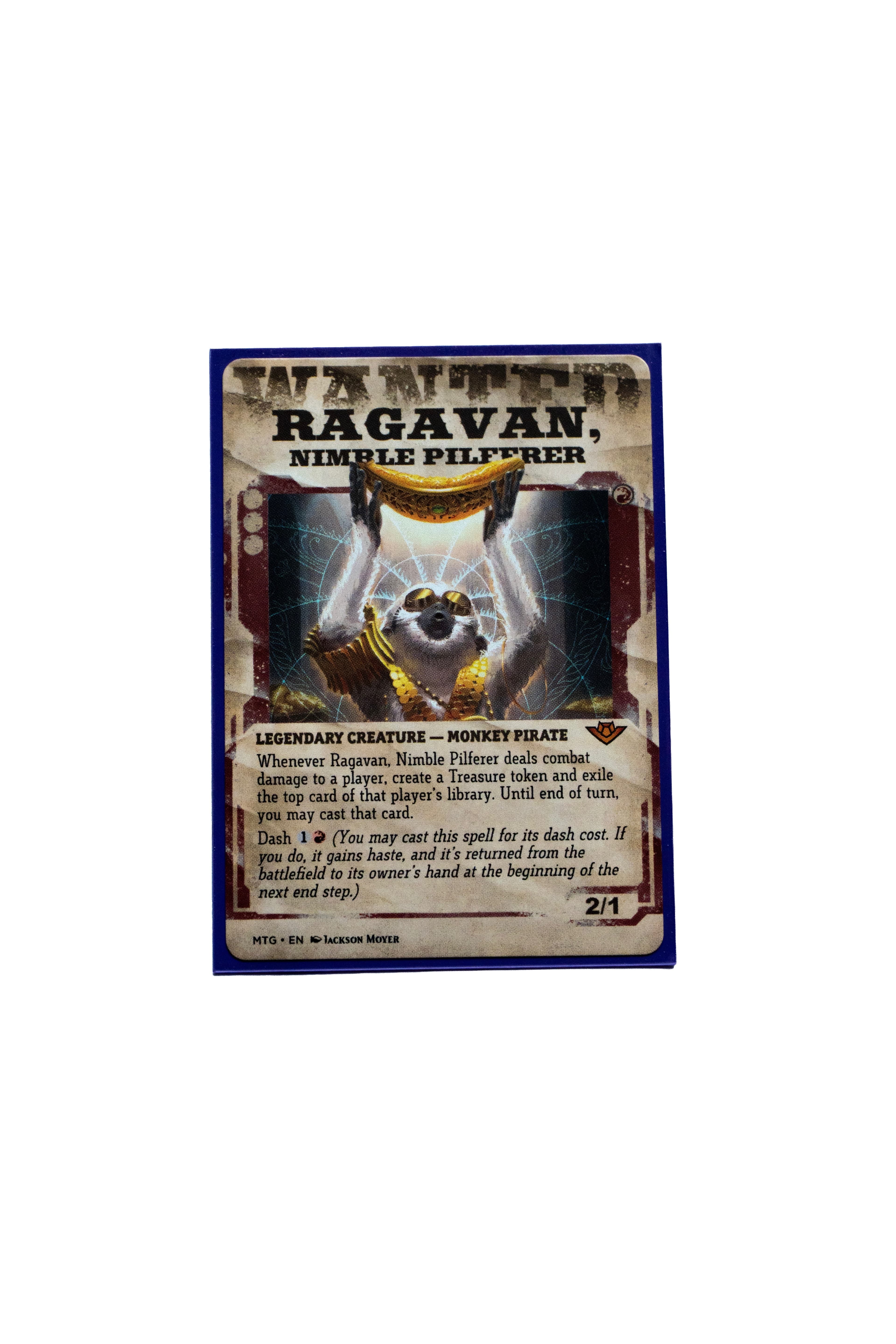 Ragavan, Nimble Pilferer Magic card featuring wanted poster art of a monkey holding golden fruit.