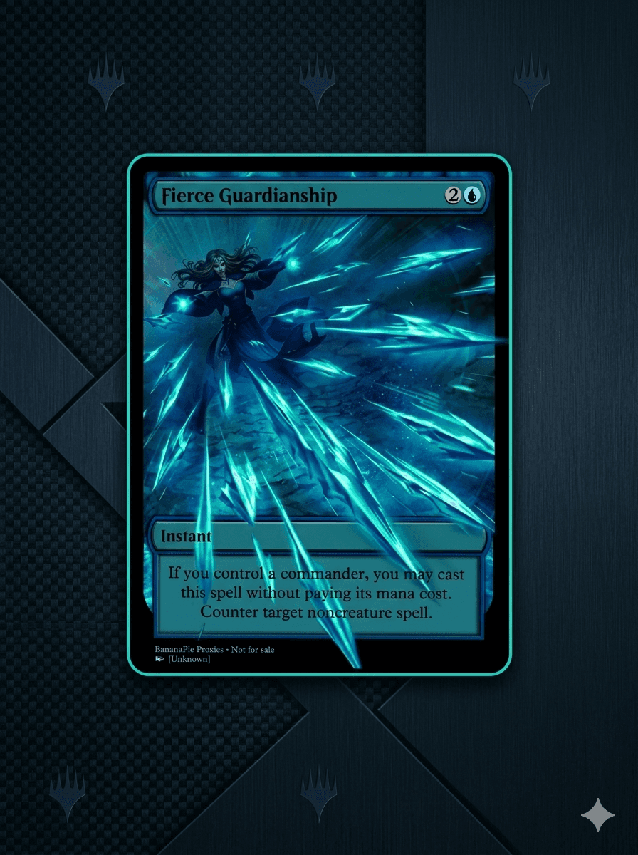 Fierce Guardianship Magic card featuring a mage casting a barrage of glowing blue magical shards.