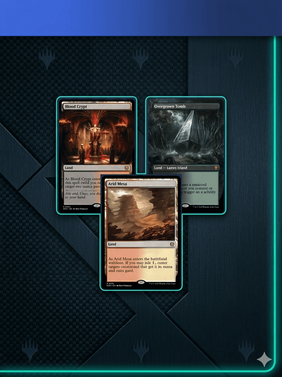 Blood Crypt, Overgrown Tomb, and Arid Mesa Magic cards on a dark, textured background.