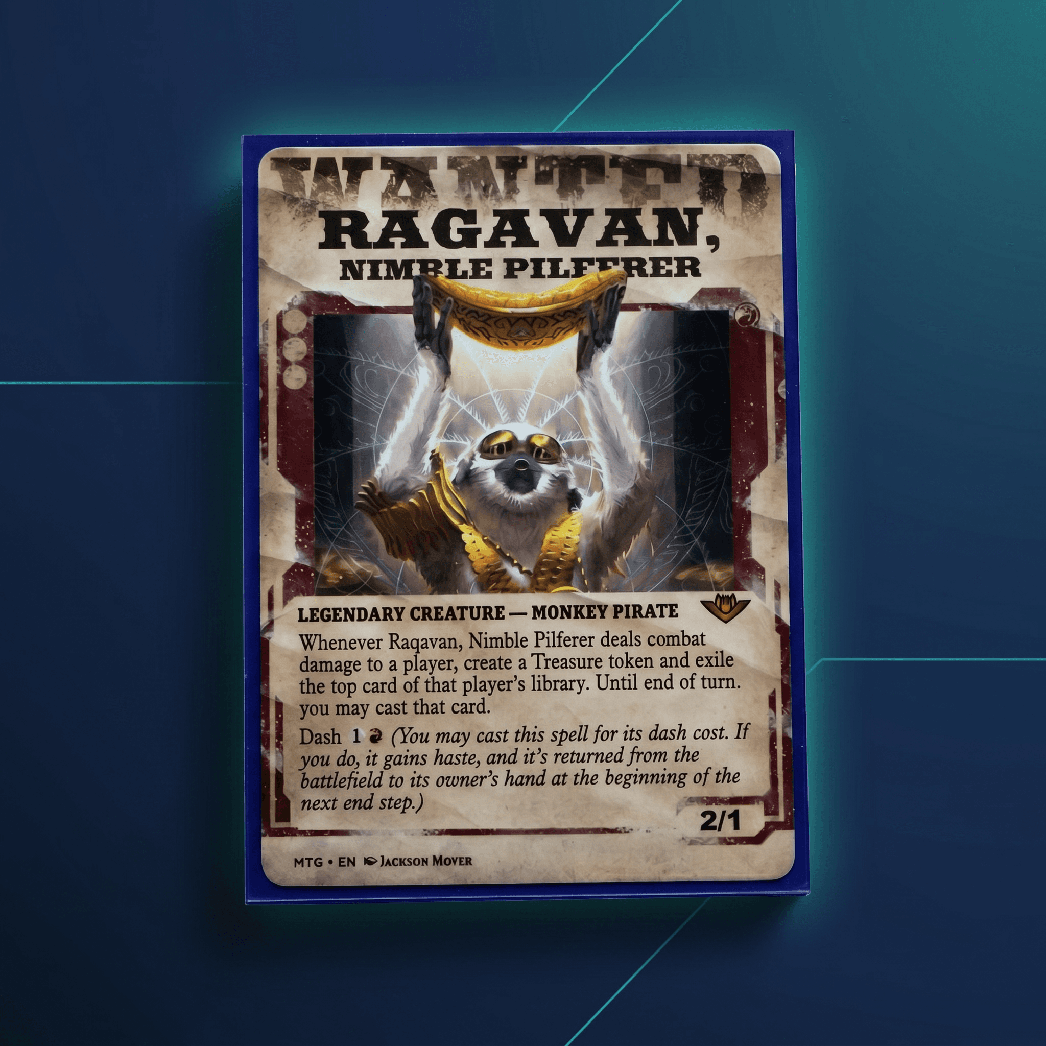 Wanted poster Magic card Ragavan, Nimble Pilferer, featuring a monkey holding a golden banana.